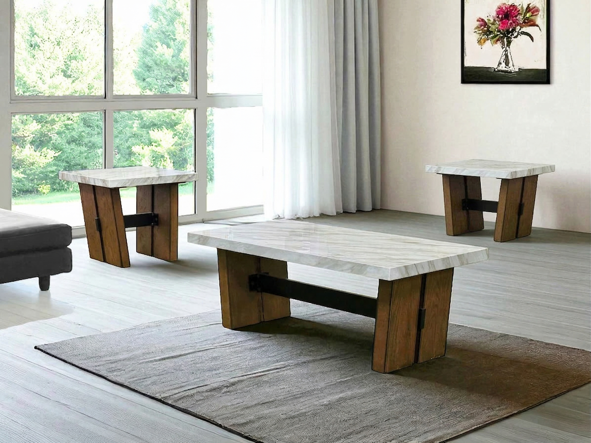 Modern Rustic 3 Piece Coffee Table Set with Faux-Marble Tops