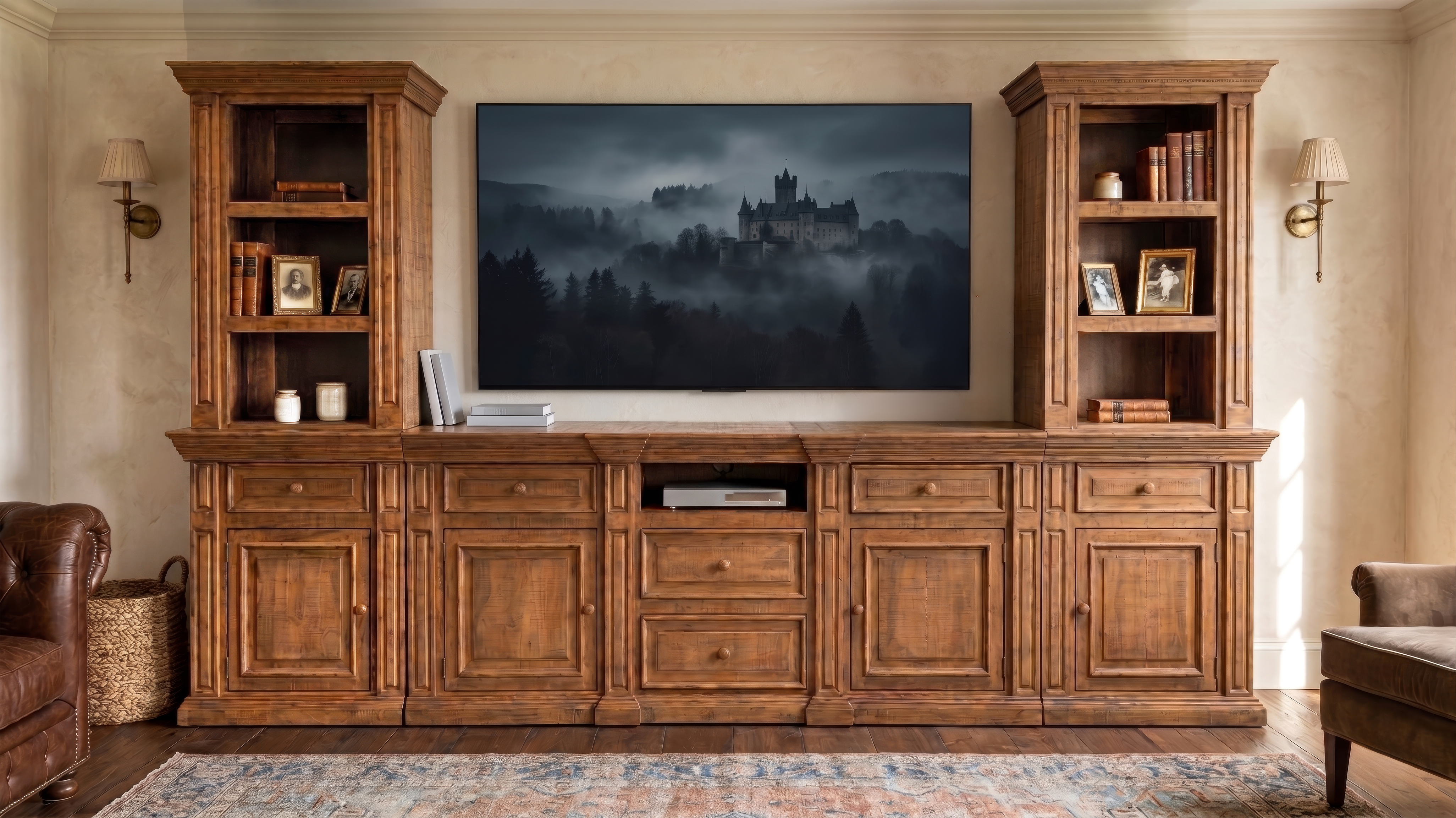 Wooden entertainment center with a television displaying a castle in the fog, flanked by bookshelves.
