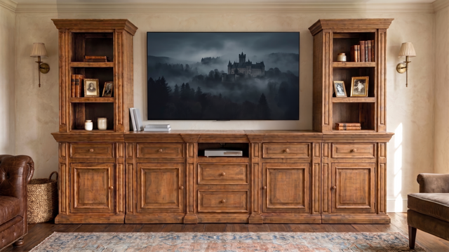 Wooden entertainment center with a television displaying a castle in the fog, flanked by bookshelves.