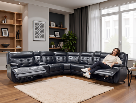 Black Leather Power Reclining Sectional Sofa with 2 Consoles, USB & Wireless Charger - view 2