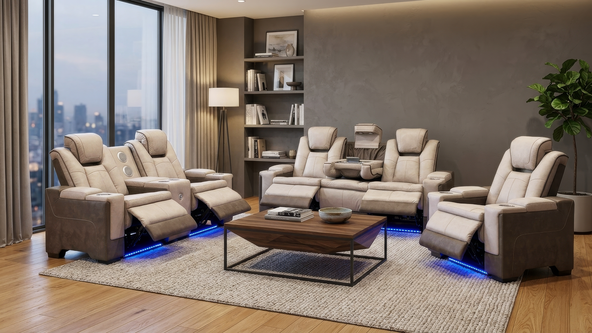 Beige Power Reclining 3-Piece Living Room Set with LED Lights & Speakers