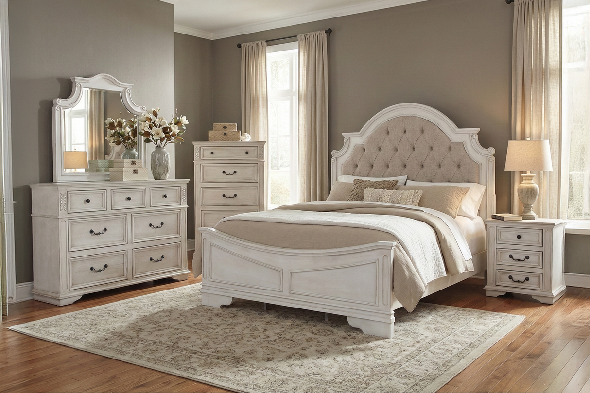 Magnolia Savanna White Farmhouse Style Upholstered Sleigh 6‑Piece Bedroom Set