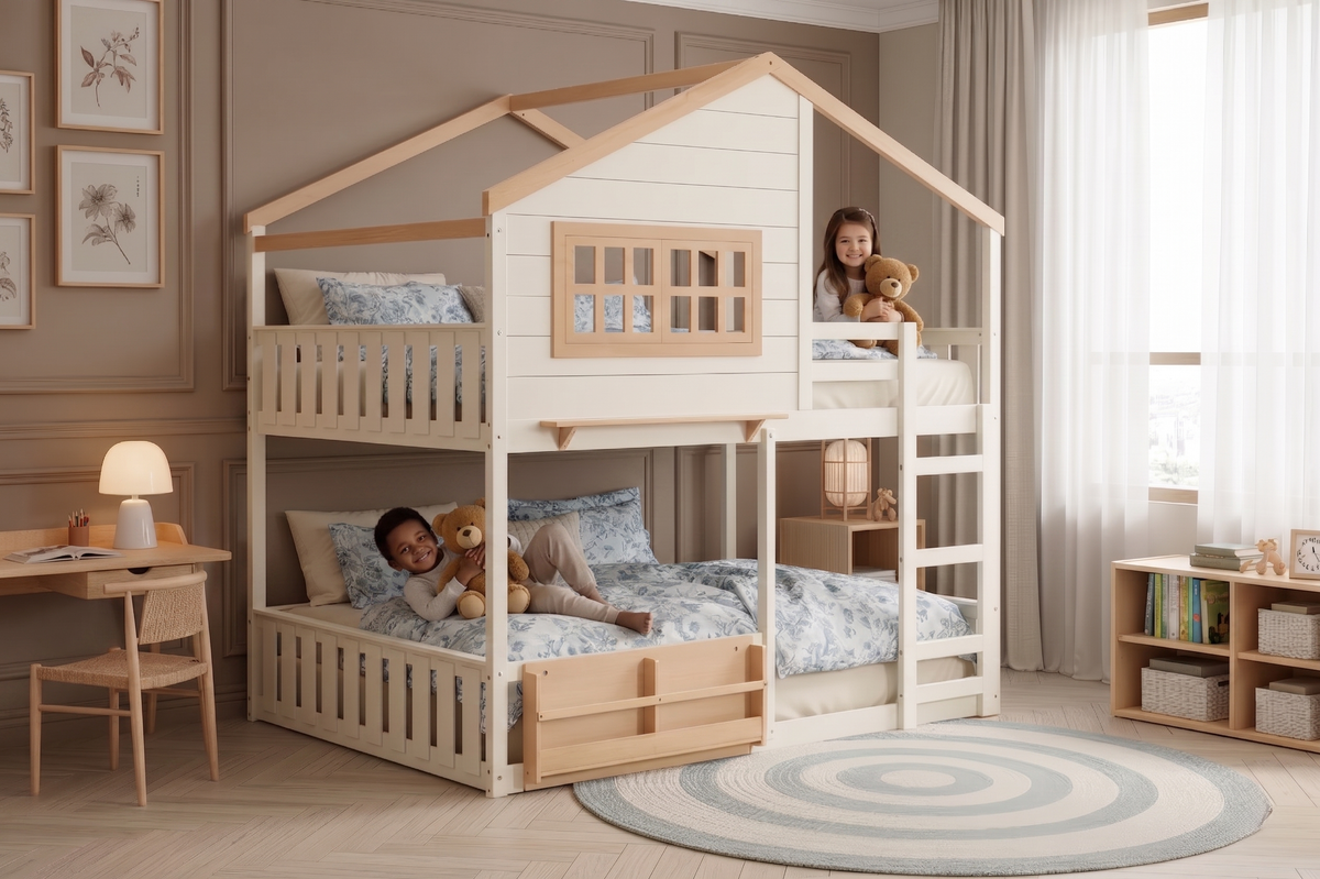 Modern Farmhouse House-Frame Full-over-Full Bunk Bed with Ladder & Built-In Shelf (Cream)