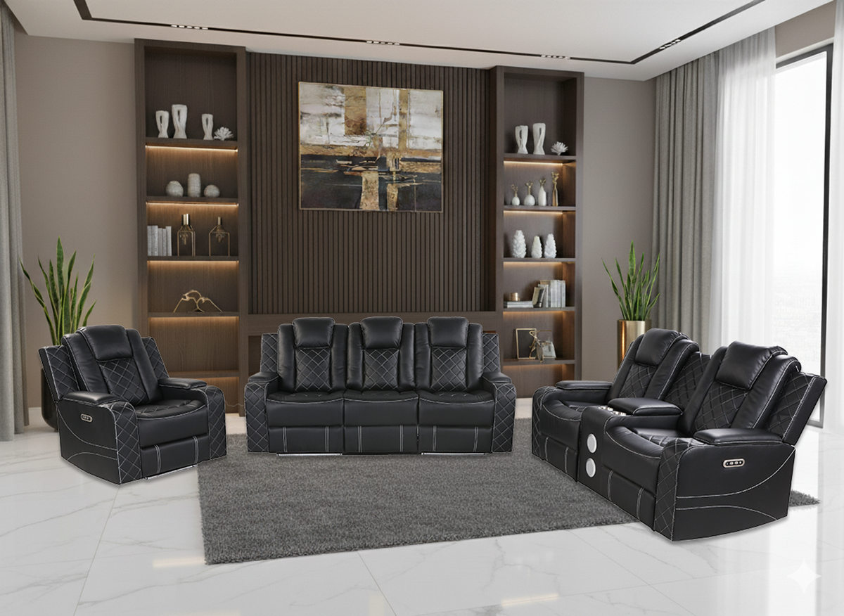 Black Power Reclining Living Room Set with LED Lights, Speakers, and Power Headrest