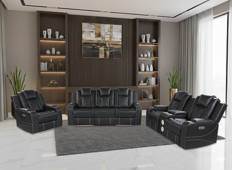 Black Power Reclining Living Room Set with LED Lights, Speakers, and Power Headrest