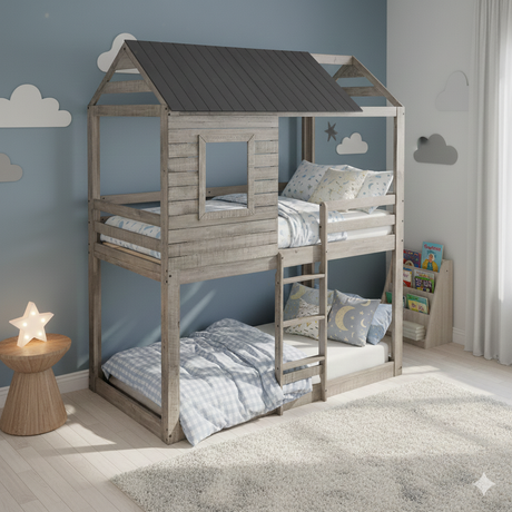 Twin over Twin House Bunk Bed with Dark Gray Roof
