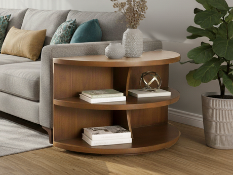 Half-Moon Sofa Table with 2 Shelves – Warm Walnut