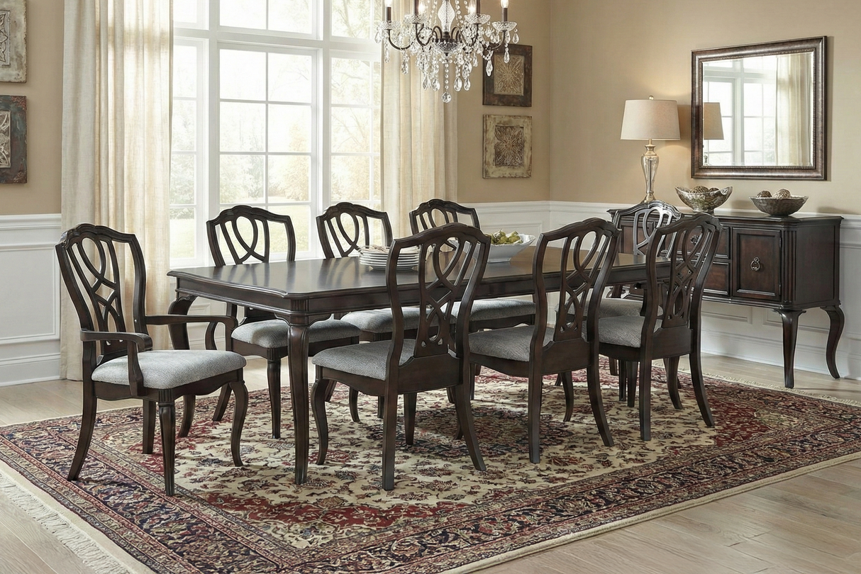 9-Piece Traditional Dining Set in Espresso (Table + 8 Upholstered Chairs)