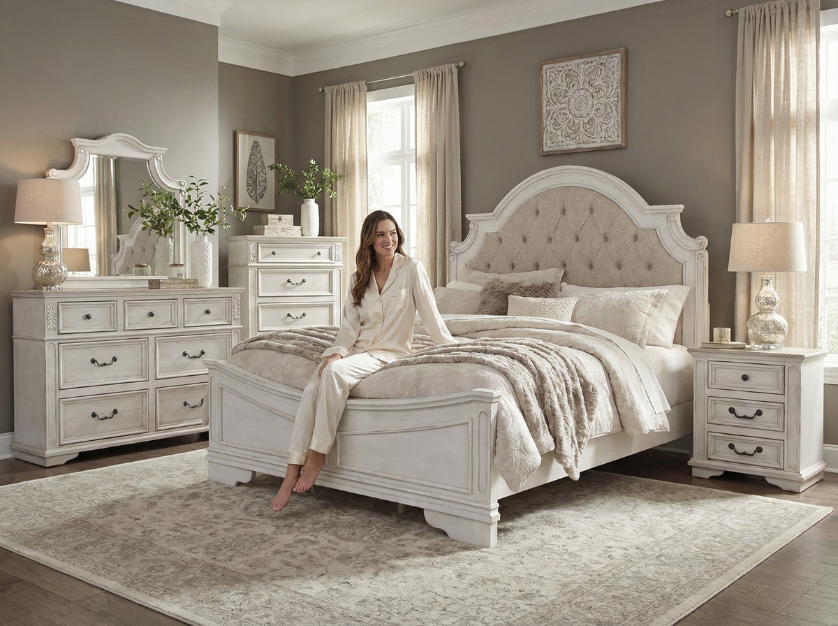 Magnolia Savanna White Farmhouse Style Upholstered Sleigh 6‑Piece Bedroom Set