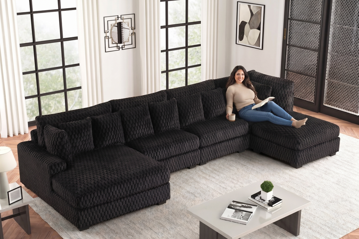 Black Textured Chenille 5-Piece Sectional Sofa with Chaise, Ottoman & 9 Pillows