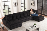 Black Textured Chenille 5-Piece Sectional Sofa with Chaise, Ottoman & 9 Pillows