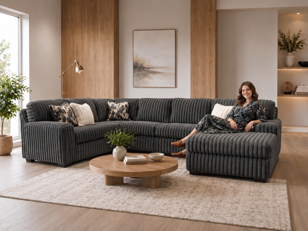 Contemporary Charcoal Corduroy L-Shaped Sectional Sofa with Oversized Chaise, Deep Seating & Ribbed Plush Design