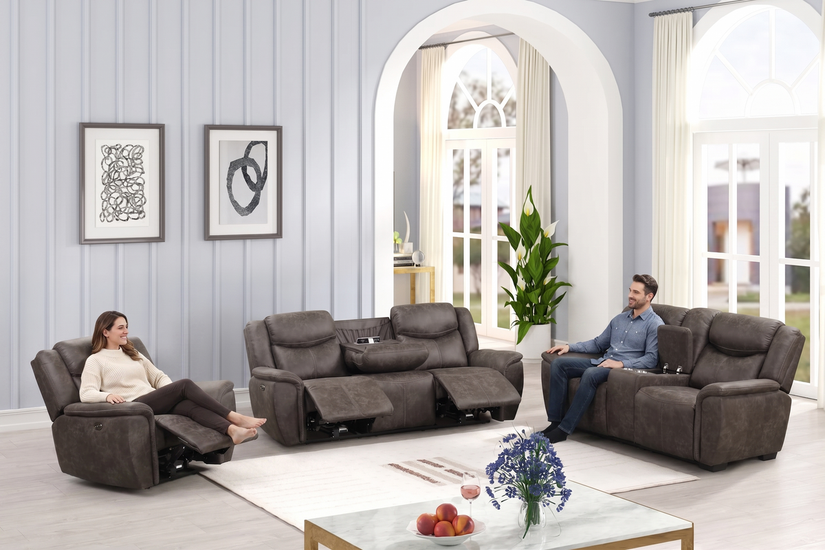 A modern living room scene showing a dark brown upholstered recliner set in use by two people. One person sits in a matching recliner chair on the left, and another sits on a sofa on the right.