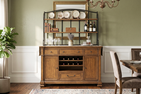 Brown Hutch & Buffet with Wine Storage and Removable Shelves