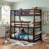 Espresso Triple Twin Bunk Bed with Ladders & Guardrails