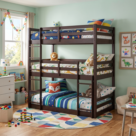 Espresso Triple Twin Bunk Bed with Ladders & Guardrails