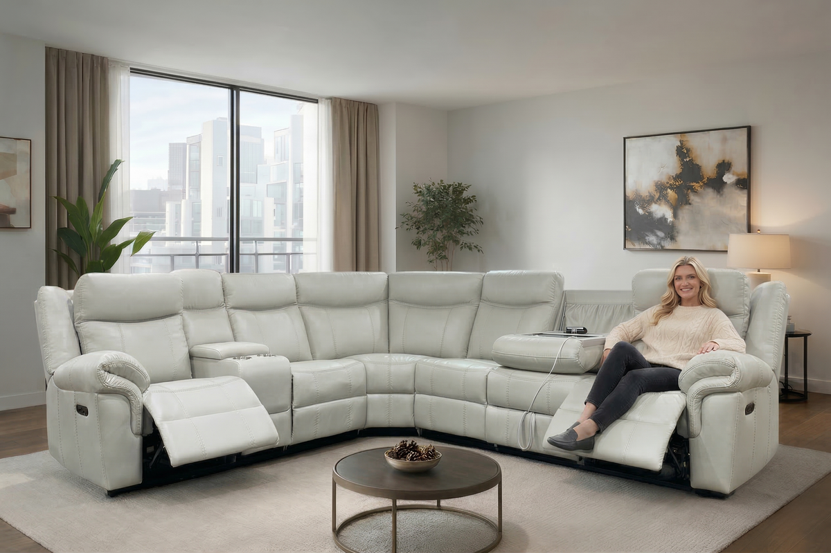 3 Piece Power Reclining Sectional with Power Headrests, Wireless Charging & Pull-Out Storage Drawer - Bone Air Leather