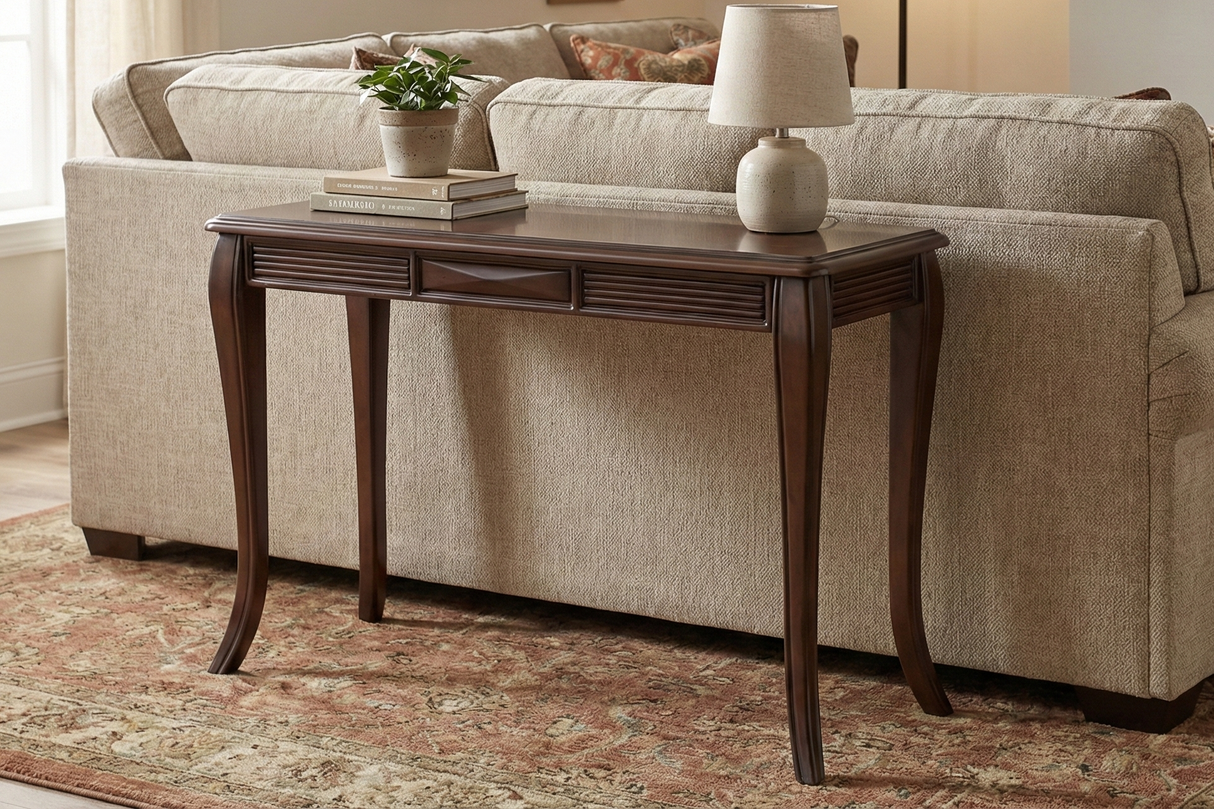 Transitional Dark Brown Sofa Table with Framed Inlay-Style Top, Fluted Apron Details & Curved Legs