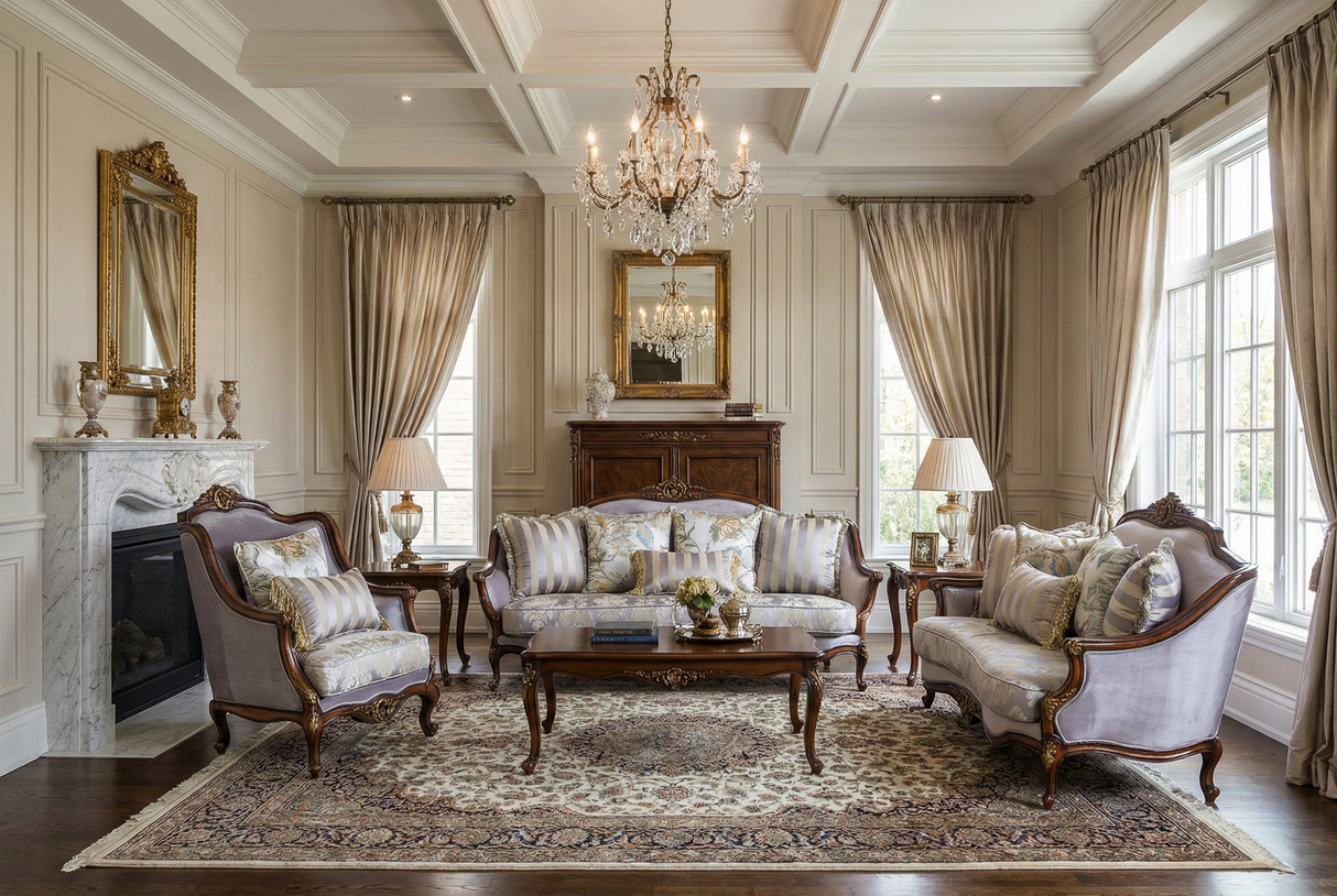 Classic Carved Wood 3-Piece Living Room Set (Sofa, Loveseat & Chair) – Lavender/Silver