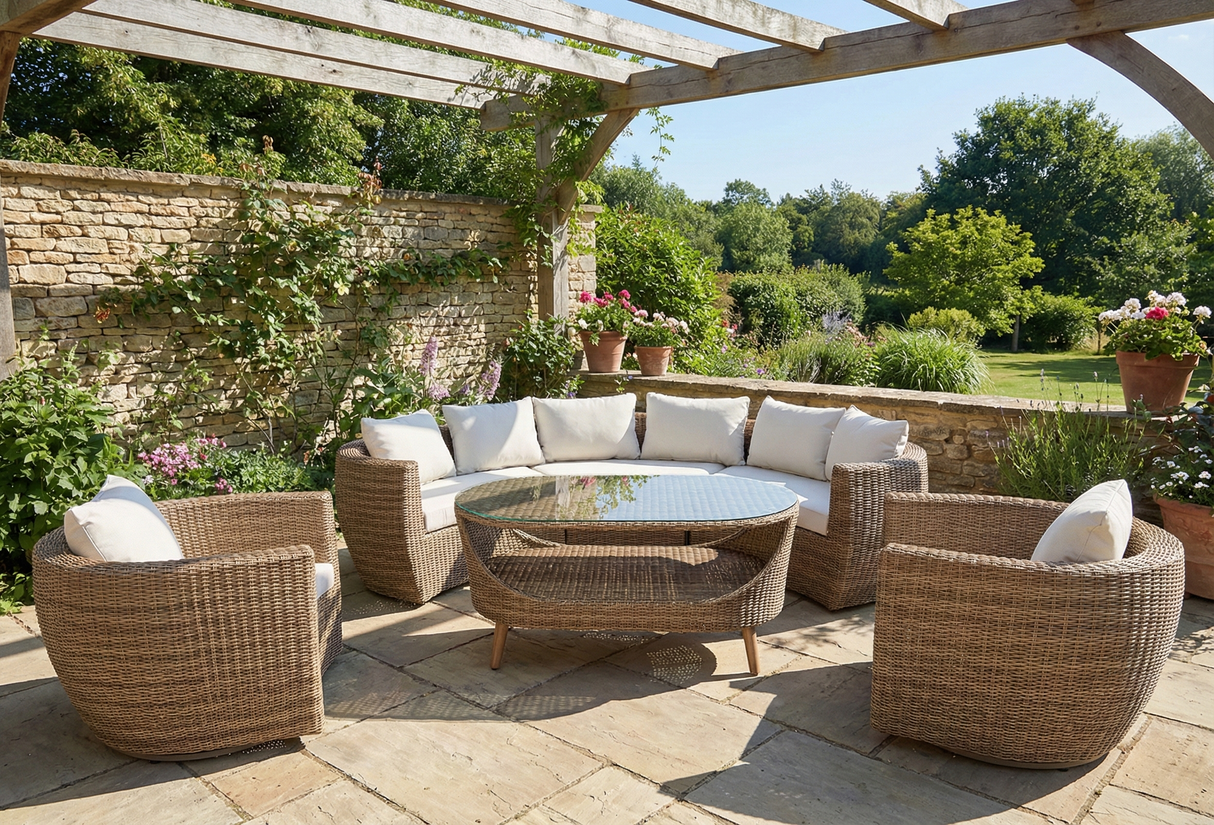 6-Piece Outdoor Wicker Conversation Set with Curved Sofa, Swivel Chairs & Coffee Table