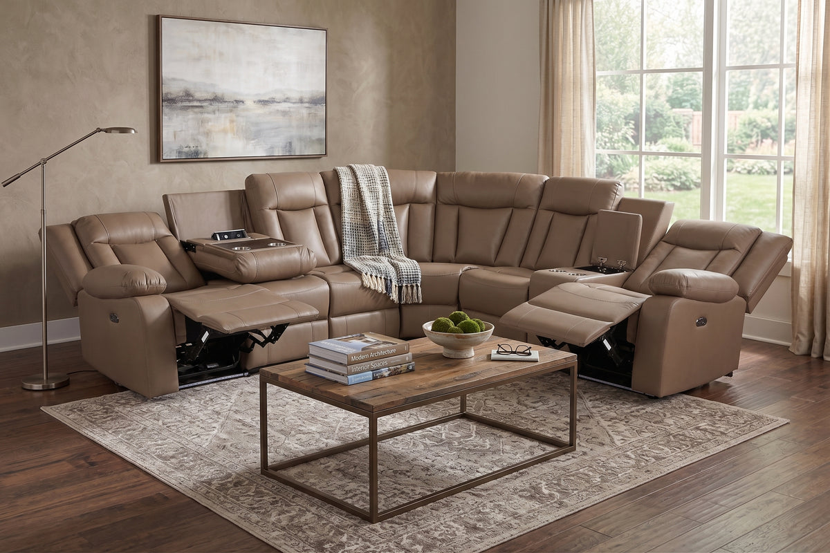 Light Brown 3-Piece Power Reclining Sectional with LED Lighting, Console & Speaker