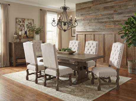 7-Piece Trestle Dining Set with 6 Tufted High-Back Chairs (Warm Brown/Ivory)