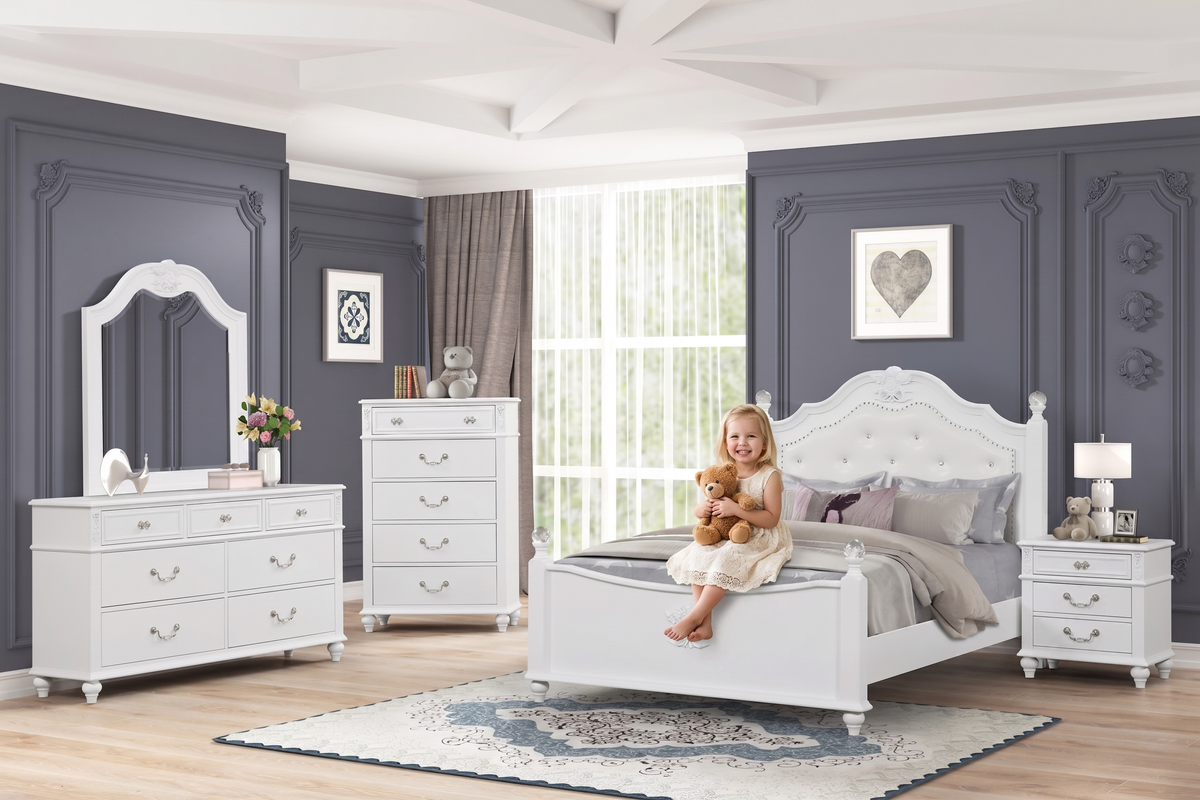 White Glam 6-Piece Bedroom Set with Upholstered Panel Bed, Dresser, Mirror & USB Nightstand