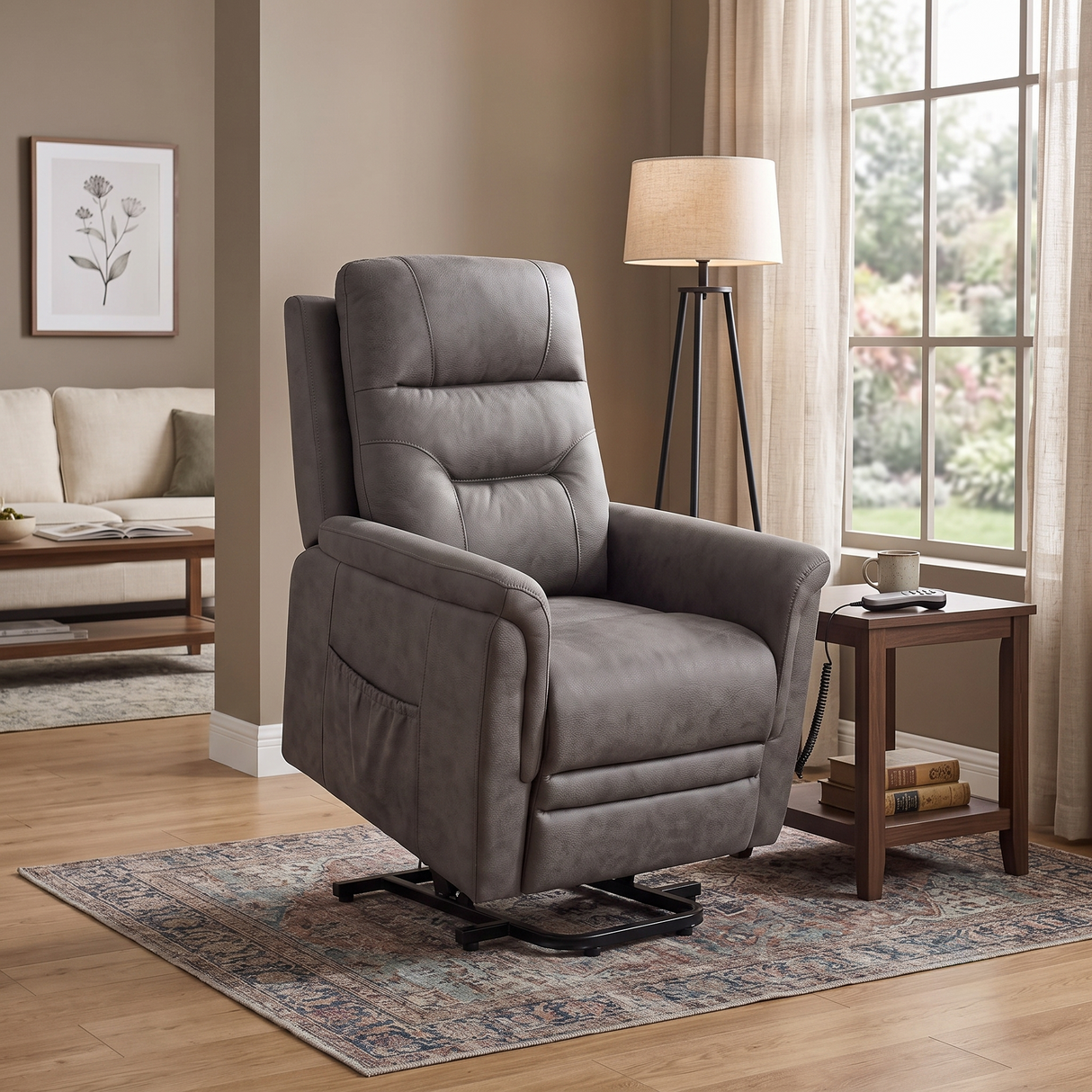 Gray Tufted Power Lift Recliner Chair with Side Pocket & Remote Control