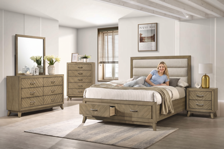 Transitional Antique Gray 6-Piece Bedroom Set with Upholstered Panel Bed, Dresser, Mirror & Nightstand - view 2