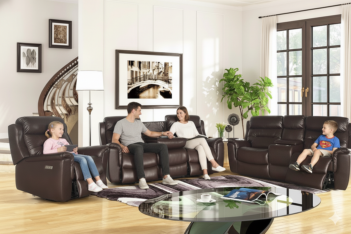 Dark brown leather power reclining living room set with sofa, loveseat and recliner in modern family room - Bel Furniture