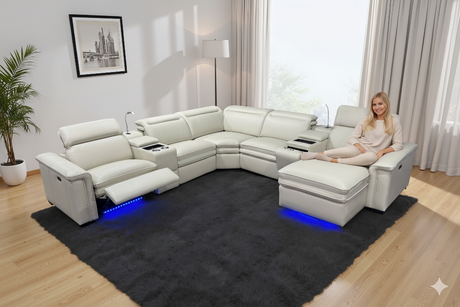 White sectional sofa with LED lighting in a living room setting.