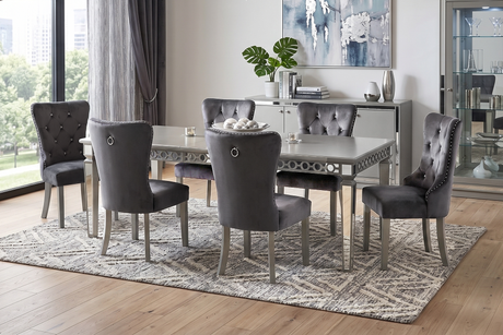 Silver Glam Extendable 7 Piece Dining Room Set with Grey Velvet Tufted Chairs