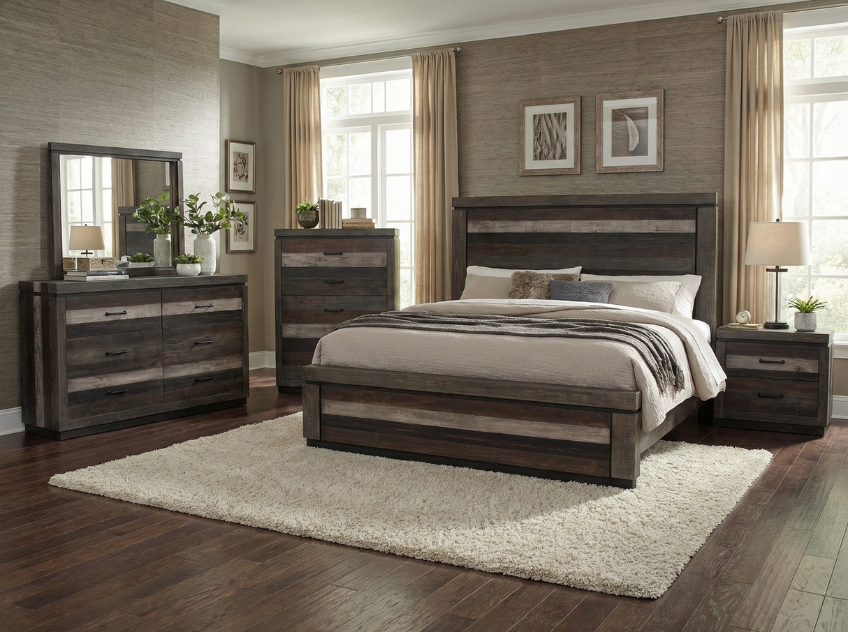 Westminster Rustic 6-Piece Distressed Multi-Tone Bedroom Set with Panel Bed, Dresser, Mirror & Nightstand
