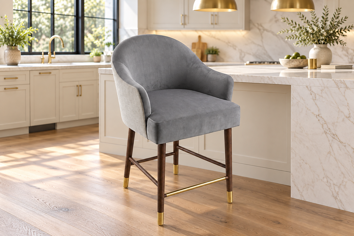 Gray Upholstered Bar Stool with Curved Back, Arms & Gold-Tone Accents