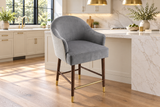 Gray Upholstered Bar Stool with Curved Back, Arms & Gold-Tone Accents