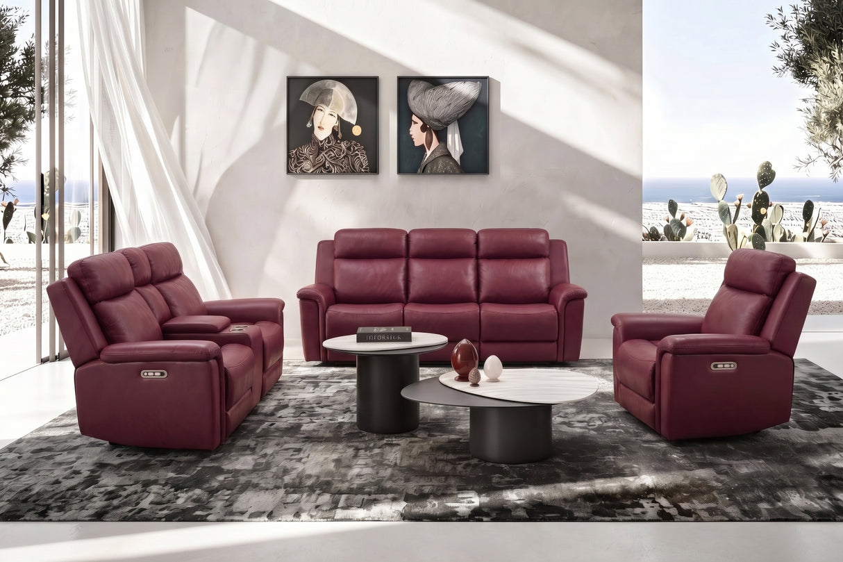 Red Top-Grain Leather 3-Piece Power Reclining Living Room Set with Power Headrests