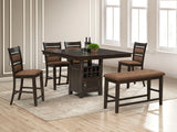 Dark Brown 6-Piece Counter-Height Dining Set — 54″ Square Table w/ Storage
