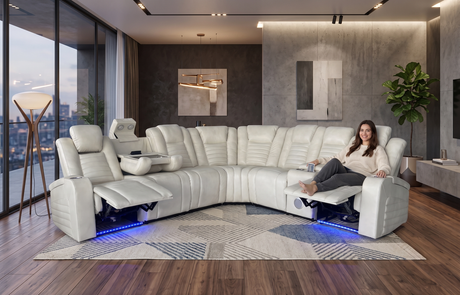 Modern Contemporary Cream Power Reclining Sectional w/ Power Headrests, LED, Wireless + USB Charging, Storage & Bluetooth…