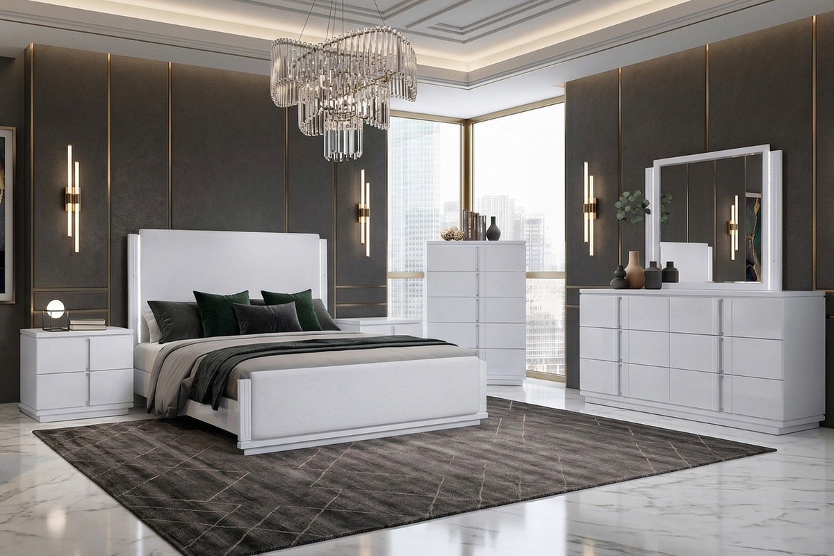 Modern bedroom with white furniture, including a bed, nightstands, and dresser.
