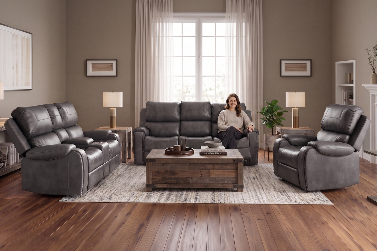 Contemporary Gray 3-Piece Power Reclining Living Room Set with Console & Cup Holders