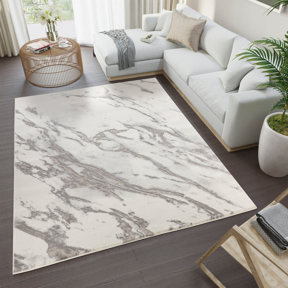 Living room with a marble-patterned rug, white sofa, and decorative items.