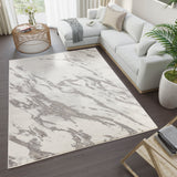 Living room with a marble-patterned rug, white sofa, and decorative items.