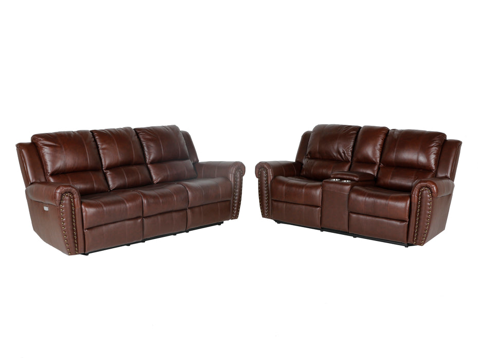 2-Piece Living Room Set: Power Reclining Sofa & Stationary Loveseat - Top Grain Leather