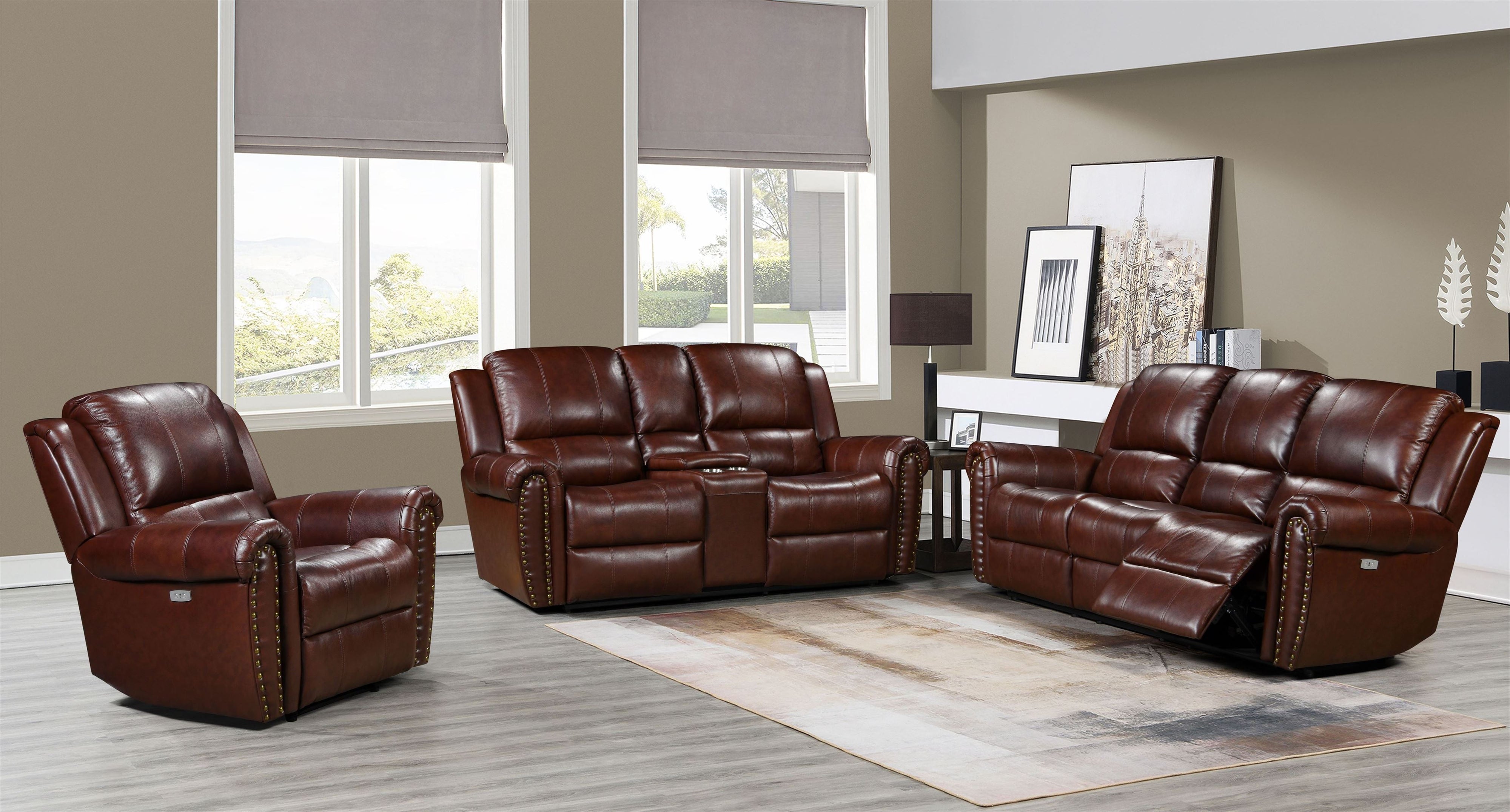 2-Piece Living Room Set: Power Reclining Sofa & Stationary Loveseat - Top Grain Leather