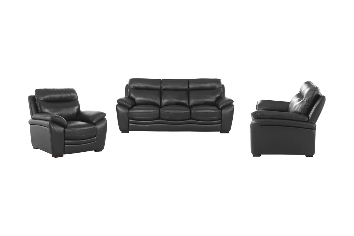 Modern Black Top Grain Leather 3-Piece Living Room Set with Sofa, Loveseat & Chair