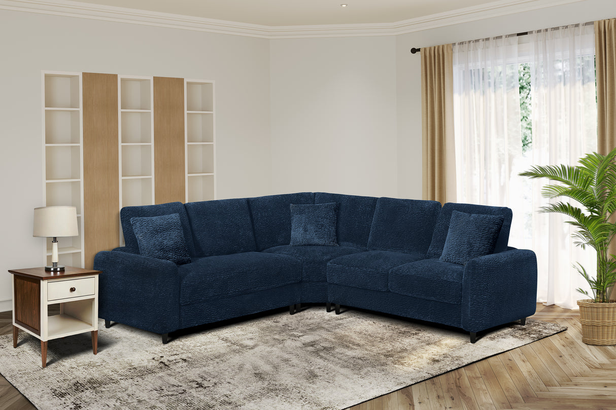 Navy Chenille 3-Piece Sectional Sofa with Pillows