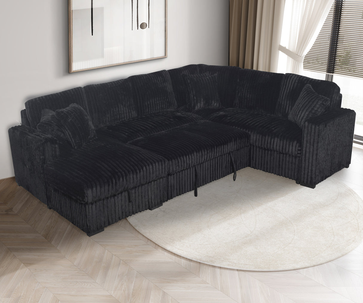 Midnight Black Corduroy 3-Piece Sleeper Sectional with Storage Chaise & USB