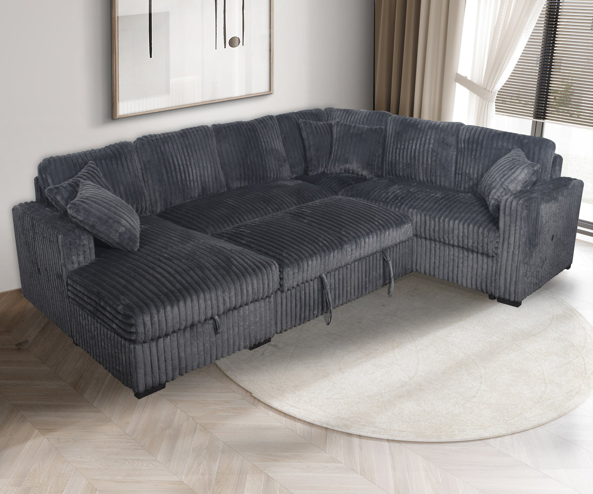 Dark Grey Coduroy 3-Piece Sleeper Sectional with Storage Chaise & USB