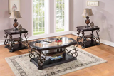 Traditional 3-Piece Coffee Table Set with Ornate Scrollwork and Glass Insets