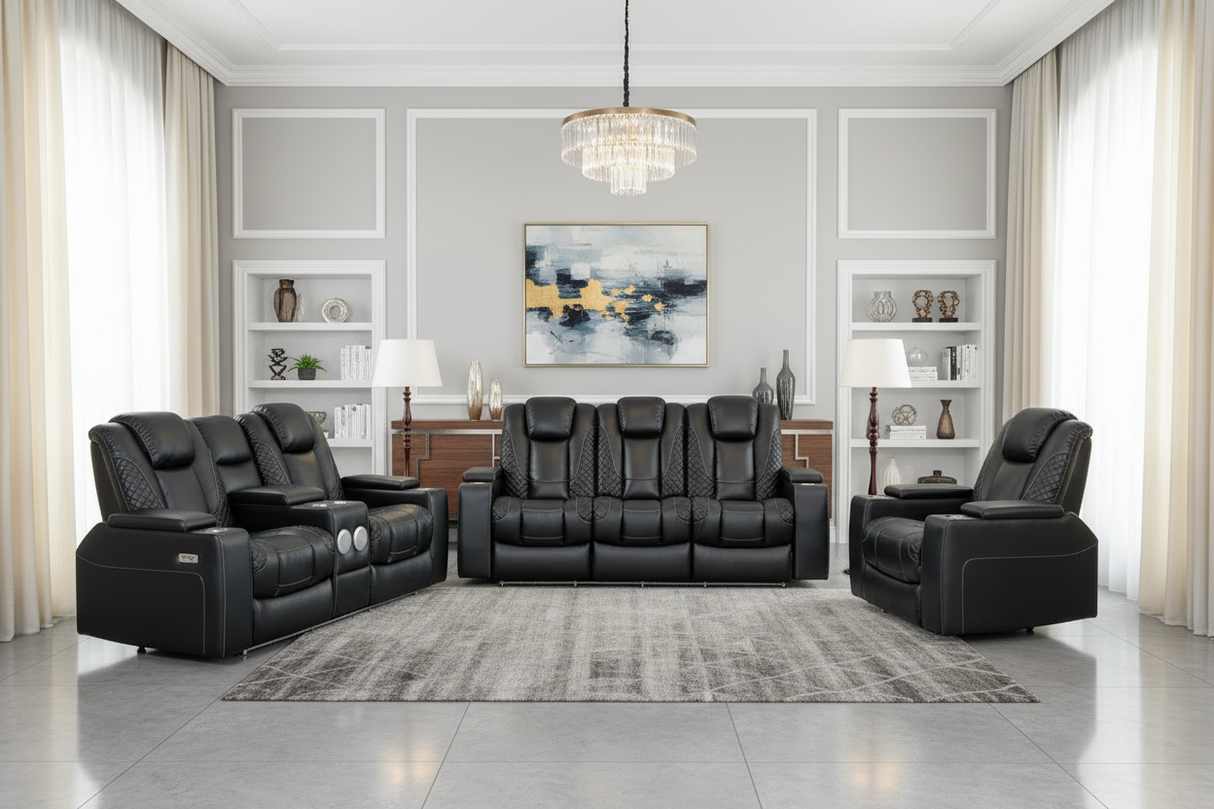 Black 3-Piece Power Reclining Living Room Set with LED Lighting, Hidden Storage & Bluetooth Speaker